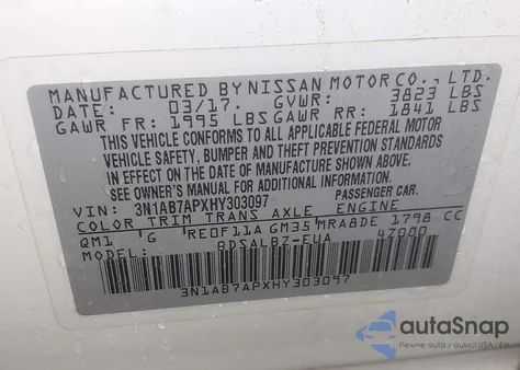 2017 Nissan Sentra S z USA, uszkodzony, nr VIN 3N1AB7APXHY303097